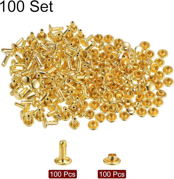 HARFINGTON 100 Sets Leather Rivets 8 x 6mm Metal Double Cap Rivet Snaps Studs Fasteners with 3pcs Setting Tools Rivets for Leather Craft DIY Repair Decoration, Gold Tone