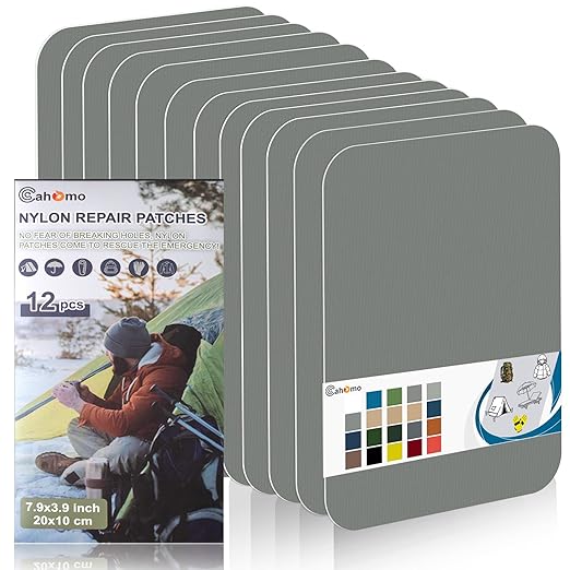 Cahomo 7.9x3.9 inch 12 PCS Nylon Repair Patch Nylon Repair Tape Self Adhesive Fabric Tapes Outdoor Camping Gear Fabric kit for Tent, Umbrella, Down Jackets, Sleeping Bag, Knapsack（Light Gray）