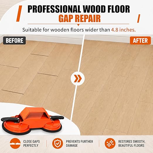 Floor Gap Fixer Tool with Suction Cup, Heavy Duty Floor Gap Repair Kit for Laminate, Floating, LVP, Vinyl Plank & Hardwood Flooring, Includes Rubber Mallet, Scrape, Gloves & 6 Reusable Pads