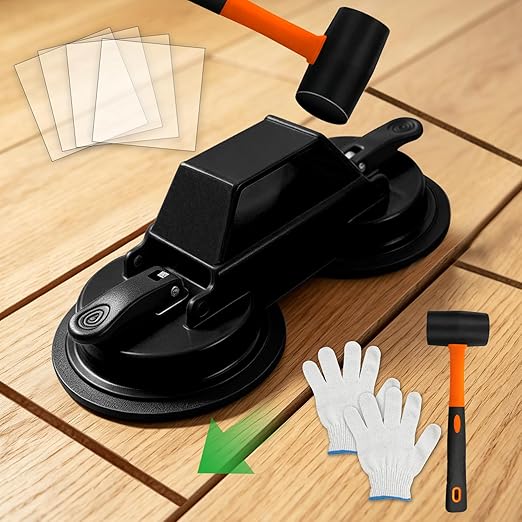 Floor Gap Fixer Tool for Laminate Floor Gap Repair, Heavy Duty Dual Suction Cups with 45° Striking Surface, Includes Rubber Mallet, Sticky Pads & Gloves for Vinyl Plank, LVP & Hardwood