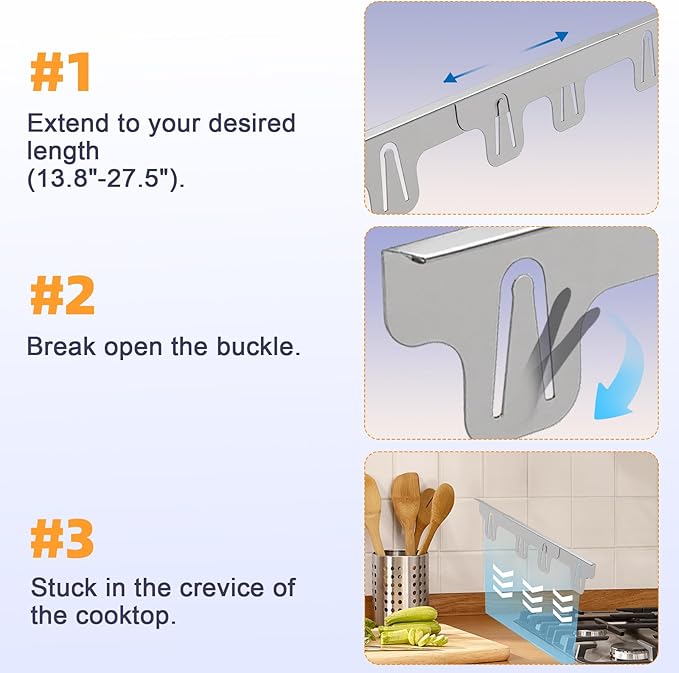 Stove Gap Covers Stainless Steel, Retractable Stove & Counter Gap Filler (13.8''–27.5''), Width 1'', Heat Resistant Metal Guard Between Stove and Countertop, Silver