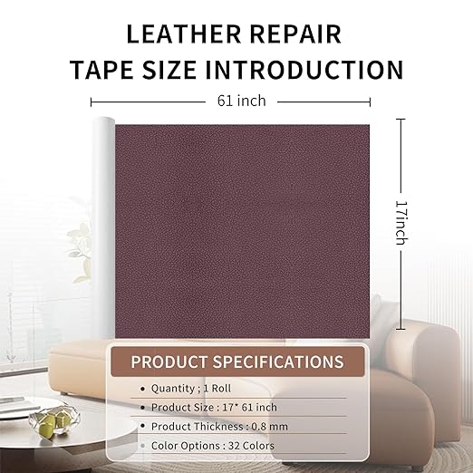 Leather Repair Patch Tape, Purple 17 x 61 Inches Self Adhesive Leather Repair Kit for Furniture, Car Seat,Vinyl Leather Repair Kit for Office Chairs, Bags, Luggage