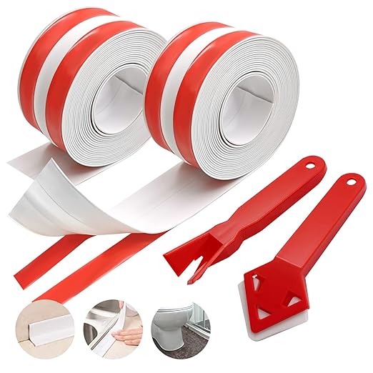 SNAIL GARDEN 2 Rolls Bath Sealant Strip with 2Pcs Cleaning Caulking Scrapers, Acrylic Adhesive Caulk Strip with 2-Strips Tapes, Sealant Tape with 2Pcs Caulking Tools for Kitchen,Toilet,Wall Corner