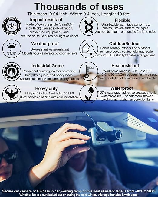 Heavy Duty Double Sided Tape-Waterproof Foam Tape,Heat Resistant Mounting Tape, 0.4" x 10Ft-Strong Adhesive Tape for Metal,Glass,Plastic,Car,Picture Hanging, DIY, Home,Indoor and Outdoor Use