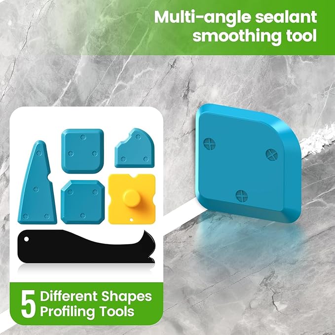 5-in-1 Silicone Caulking & Grout Tool Kit – Multi-Purpose Sealant Finisher with Grout Scraper, 6 Reusable Silicone Pads & Adhesive Removal for Kitchen, Bathroom & Window Seams