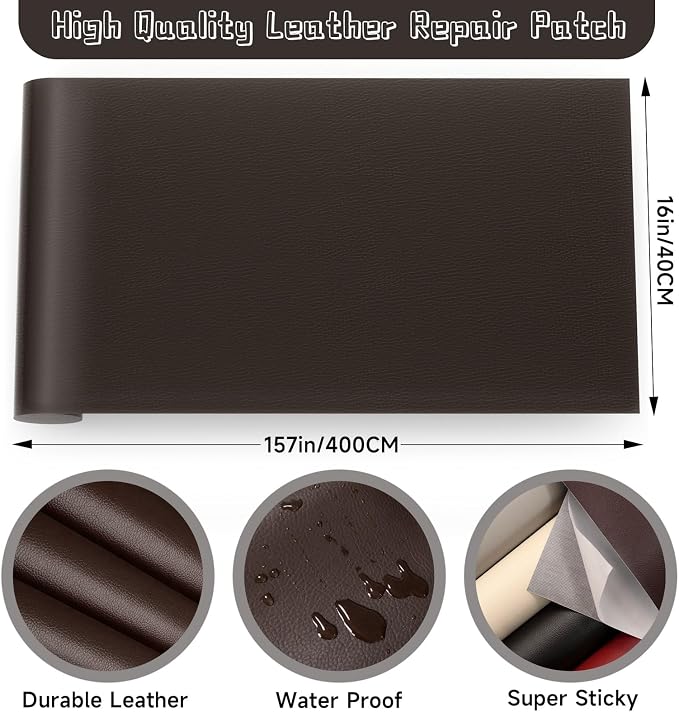 Leather Repair Patch, Self Adhesive Leather Repair, Large Leather Repair Tape for Sofa, Car Seats, Furniture, Cabinets, Chairs, Handbags （Dark Coffee, 16X157 inch