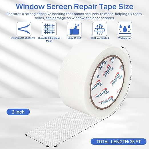 White Window Screen Repair Tape 2" x 35 FT Fiberglass Adhesive | Strong adhesive fiberglass screen repair tape; fixes holes & tears cut&stick indoor/outdoor window door use