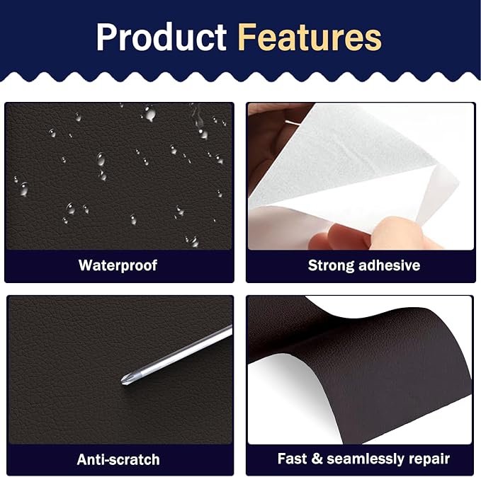 Zenyao Leather Repair Patch Tape - Self Adhesive Leather Repair Kit for Car Seat Furniture, Heavy Duty Vinyl Repair Patch for Couch Sofa, Waterproof Fix for Tears, 16x60 Inch Roll, Dark Brown