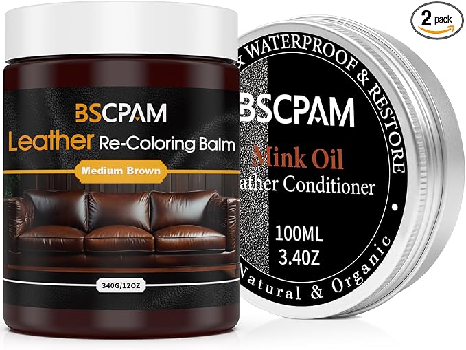 12oz Leather Recoloring Balm & 3.4oz Mink Oil Leather Conditioner kit,Medium Brown Leather Color Repair Kits for Couches, Leather Couch Paint Scratch Repair for Furniture Car Sofa Shoes Leather Dye