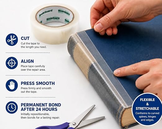 BookGuard Clear Book Repair Tape, Book Binding Tape 1 Inch x 15 Yards, Ultra Clear Low-Glare Flexible Polyethylene Library Tape for Spine, Hinge, Cover & Page Repair