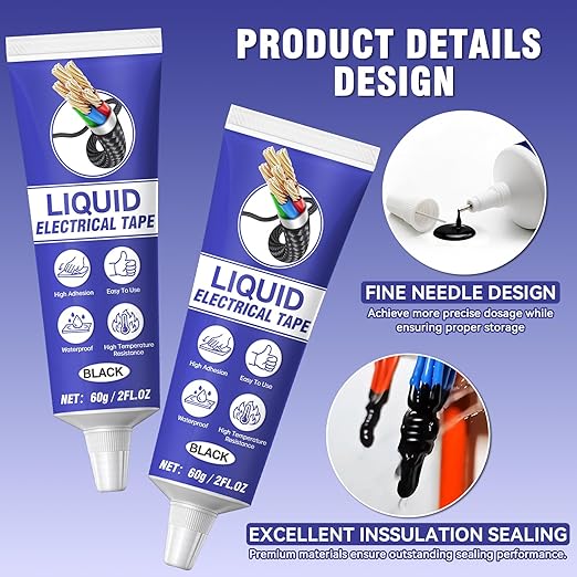 Liquid Electrical Tape, 2PCS 60ml Waterproof Insulating Sealant with Self-Tip, Fast-Drying & High Temp Resistant for Wires, Cables & Marine Repairs (Black)