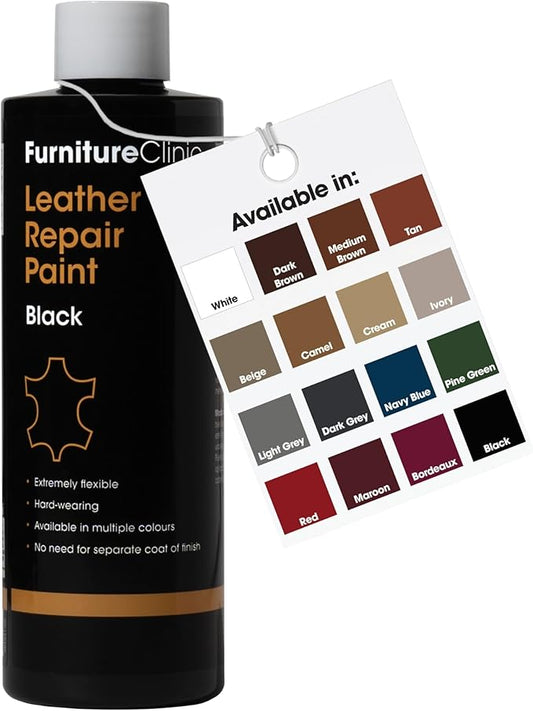 Furniture Clinic Leather Repair Paint | 2-in-1 Seal and Color | Use on Scratches, Tears, and Holes in Car Seats, Furniture | Quick and Easy Leather Repair Kit for Furniture (Black, 500ml / 17oz)