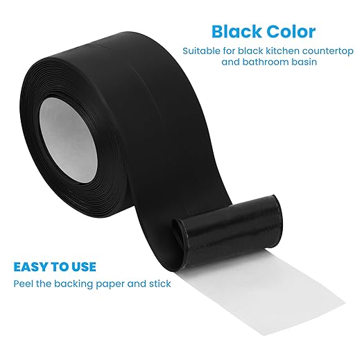 Black Caulk Tape 2 Rolls Self Adhesive Waterproof Countertop Caulking Sealant Tape, Bathroom Caulk Strip for Countertop, Toilet, Bath Tub, Sink, Shower, Backsplash (Black,1.5" x10.5Ft)