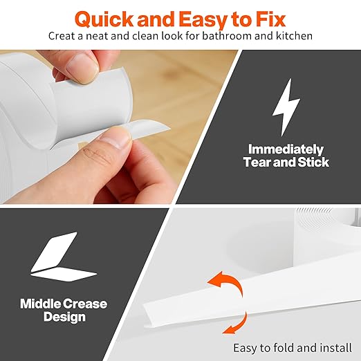 Dstorelhp 2 Rolls White Caulk Tape Waterproof Self Adhesive, Bathroom Peel and Stick Caulking Tape for Toilet Tub Shower Wall Trim, Easy to Install (1.5" x 10.5Ft)