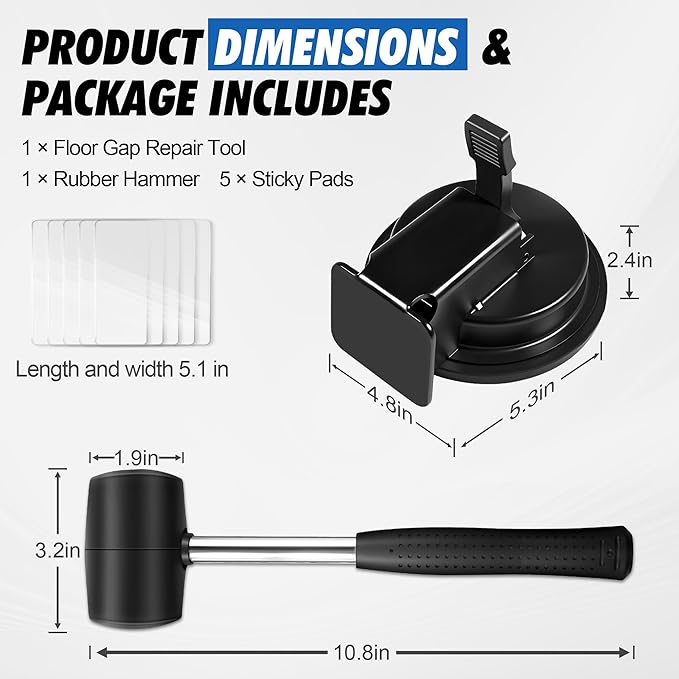 Floor Gap Fixer Tool with Rubber Mallet, Iron Body & Strong Suction Cup, Includes 5 Sticky Pads for Laminate, Vinyl, Wood & Tile Flooring Installation and Repair