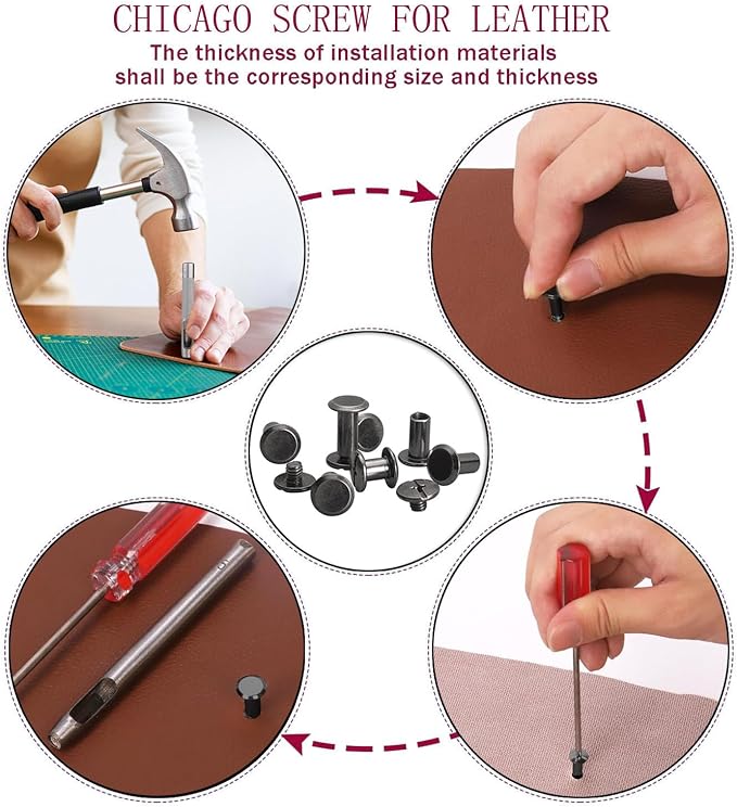 362 Pcs Chicago Screws with Punch and Screwdriver Leather Rivets 11 Sizes Assorted Screw Rivets for Decorate and Repair Leather Craft Belt Bookbinding Bag Shoes Purse Gun Black