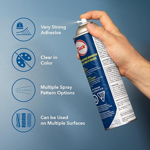 Tuck Multi-Purpose Spray Adhesive, 12 oz – Clear Fast-Bonding Web Spray for Leather, Wood, Vinyl, Paper, Plastic, Metal, Glass, Foam & More – Low VOC, 3-Way Adjustable Nozzle
