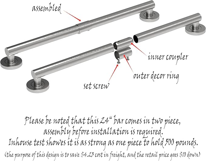 ADA Compliant Grab Bar,500lbs Weight Support for Bath Safety (24 inch, Brushed Nickel)