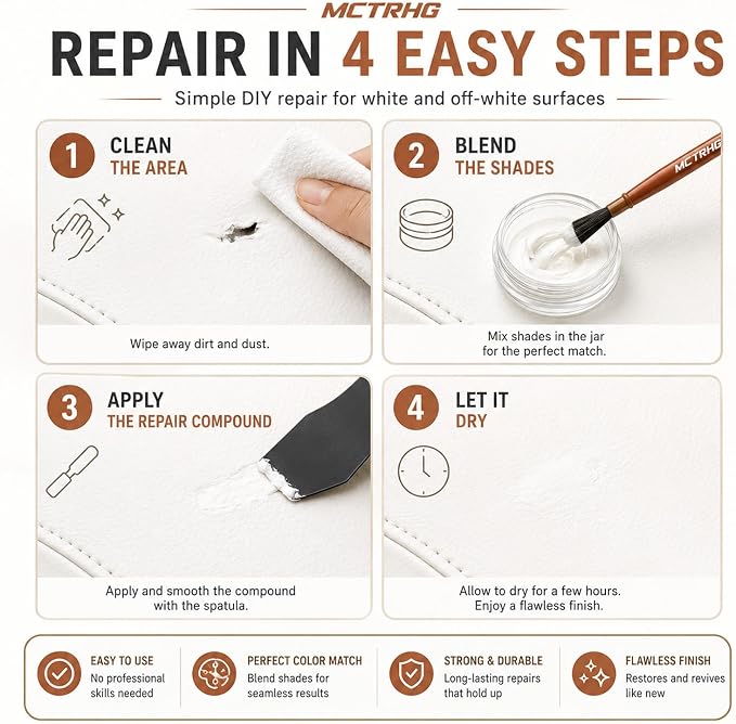 Leather & Vinyl Repair Kit for Boat, Car Seat, Furniture, Couch, Bag, Shoe | White, Cream, Gray, No Skills Needed, for Scratch, Tear, Crack, Hole, Peel & Burn on Faux Upholstery, Sofa, Purse, Jacket, RV