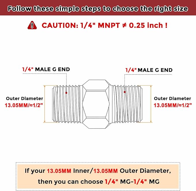 Pack of 1, 1/4" Male G to 1/4" Male G Solid Brass Hex Nipple Hose Connectors, Male Pipe Adapter for Pipe Leak Repair, Bathroom Remodeling, Tool Extensions, Compression