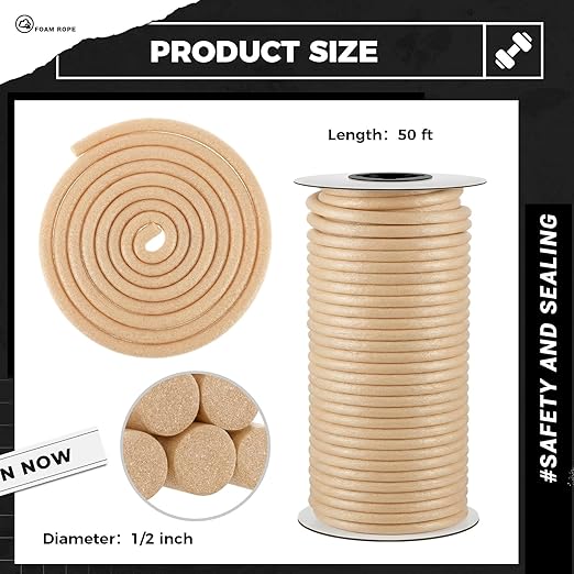 MotiMind 1/2 Inch x 50 ft Foam Backer Rod for Gaps Joints Concrete Crack Filler Caulk Saver Bulk Foam Backing Rod Concrete Filler Rope for Weather Stripping Door Seal (Sandy)