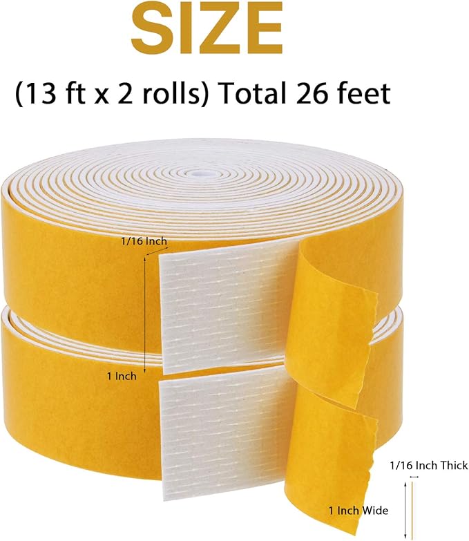 Foam Weather Stripping-2 Rolls, 1 Inch Wide X 1/16 Inch Thick Total 26 Feet Long, Foam Strip with Adhesive for Doors and Windows Insulation(13 ft x 2 Rolls)