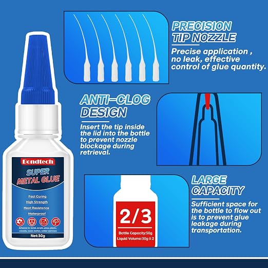 Metal Glue 30 g, Super Glue for Metal, Instant Clear Adhesive for Steel, Zinc, Aluminum, DIY and More, Waterproof, Heat-Resistant, with Anti-Clog Cap (Clear, 30 Grams * 1 Pack, Metal Glue)