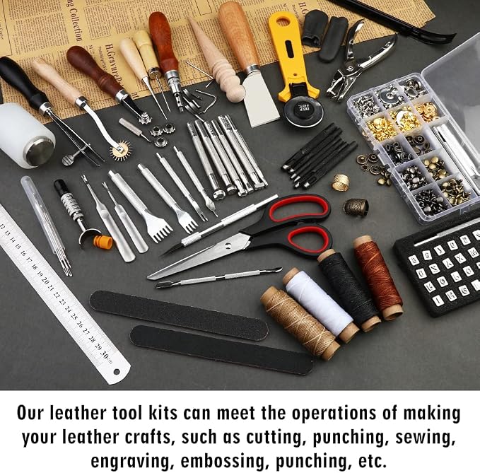 TLKKUE Leather Working Kit - Beginner's Leather Crafting Tool with Storage Bag, Leatherworking Tooling Kit for Sewing, Carving, Punching, Cutting, Stamping Tools