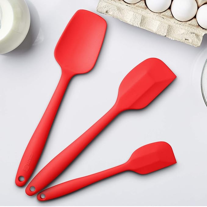 Silicone Spatula 3‑Piece Set Heat Resistant 600°F Non‑Stick Rubber Spatulas with Stainless Steel Core ALLWIN HOUSEWARE Large Spatula, Spoonula & Mini Spatula for Cooking & Baking, Red