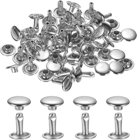 uxcell 120Set Leather Rivets, 9mm Double Cap Rivet Tubular Metal Studs Repairs Decoration Craft Accessories for Repair Decorate Leather Craft Belt Bag Shoes Purse Belts, Silver