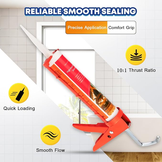 DIYSELF Caulk Gun, Heavy Duty Caulking Tool, 10:1 Thrust Ratio, Hand Caulking Gun for 10 oz Cartridges, Silicone Gun Compatible with Sealant, Acrylic, Latex, Adhesive, Butyl & More (Red)