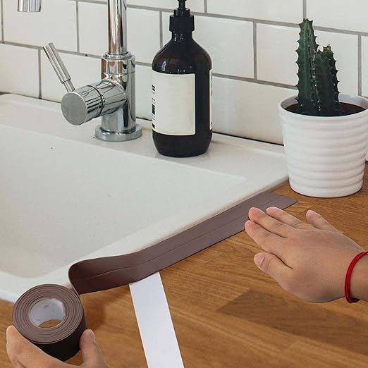 Bath & Kitchen Caulk Tape Sealant Strip, PVC Self-Adhesive Tub & Wall Sealing Tape, Shower Tile Sealer (Brown)