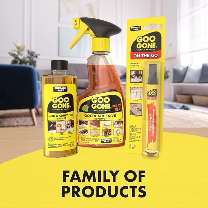 Goo Gone Spray Adhesive Remover Gel 12 Oz with Scraper, Removes Glue, Stickers, Tape Residue, Grease, Gum & Wax, Adhesive Spray with Citrus Cleaning Power for Hard Surfaces, Carpets & Fabrics