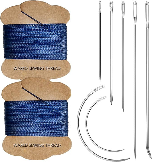 Upholstery Repair Kit: Extra Strong Waxed Sewing Thread 2 Rolls (Dark Blue) &Heavy Duty Household Hand Needles (7 PCS) for Leather, Canvas, Bookbinding & Quilting Thread