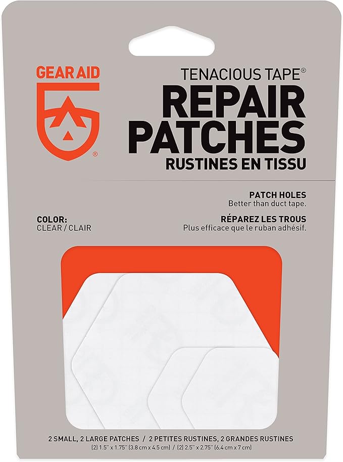 GEAR AID Tenacious Tape Hex – 2.5” & 1.5” Repair Patches (4 Patches: Two 2.5” & Two 1.5”, Clear) – Peel-and-Stick Outdoor Nylon Fabric to Fix Holes and Burns in Down Jackets, Rain Gear and Tents