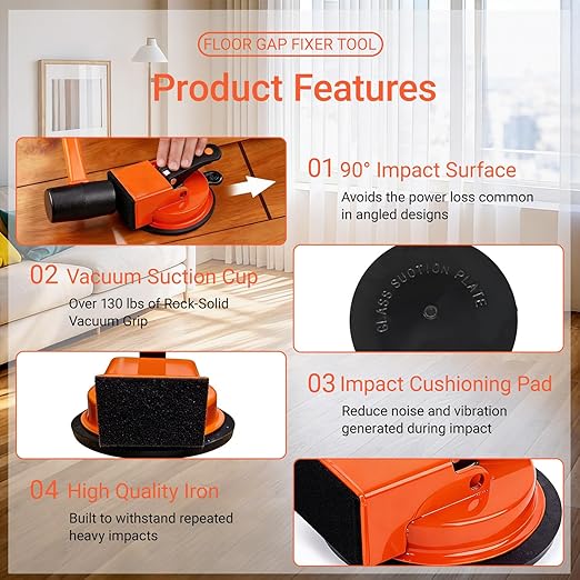 Heavy-Duty Floor Gap Fixer Tool with Robust Rubber Mallet & 5 PCS Reusable Nano Adhesive Pads – High-Grip Pro Suction Cup Repair Kit for Laminate & Vinyl Plank, Ideal for Gap Filling (No Hammer)