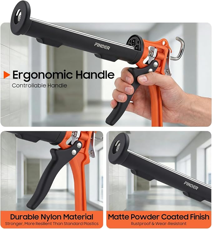 Finder 10 oz Caulking Gun, Standard Manual Caulk Gun for Silicone Sealant, Acrylic and Latex Cartridges, 360° Rotating Barrel, Smooth Pressure Control, 7.8 mm Push Rod, Hanging Hook, Gun Only