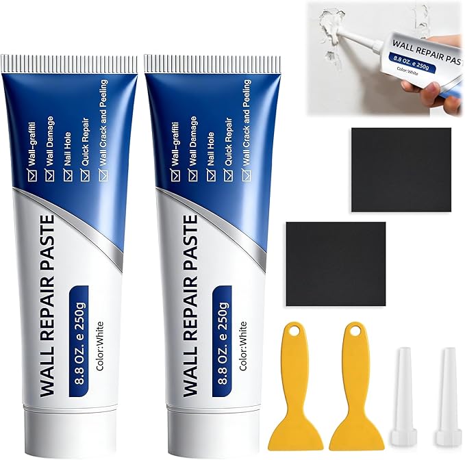 Drywall Repair Kit, 2 Pcs Spackle Wall Repair Kit, New Wall Crack Repair Paste, Wall Repair Paste Tube with Scraper/Sandpaper, Effective Repair of Scratches, Holes, Cracks and Wall Graffiti (2*250g)