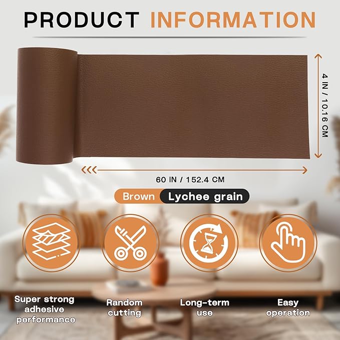 Fadoub Leather Repair Patch, 4 x 63In Self Adhesive Leather Repair Tape for Furniture, Vinyl Repair Tape for Repairing Vinyl, Couch, Sofa, Car Seats, Car Interior (Brown)