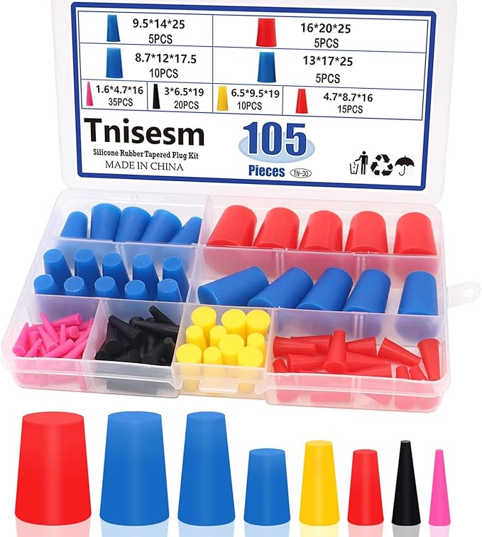 Tnisesm 105Pcs 1/16" to 5/8" Silicone Rubber Tapered Plug Assortment Kits for Masking Off Holes During Powder Coating, Painting, Hydro Dipping, Media Blasting