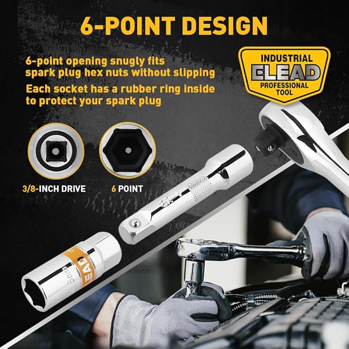 ELEAD 12-Piece 3/8" Drive Spark Plug Socket Set with Ratchet Handle, Universal Joint, Spark Plug Gapper & Extension Bar, 9/16", 5/8", 3/4", 13/16", 14mm, 18mm, CR-V Sockets with Rubber Holding Rings