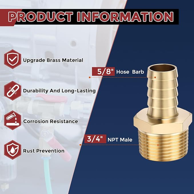 Pack of 3 Brass Hose Barb Fittings Adapter Connector 5/8" Hose Barb to 3/4" NPT Male Fittings for Home Machines, Massage Bathtubs, and Irrigation Systems