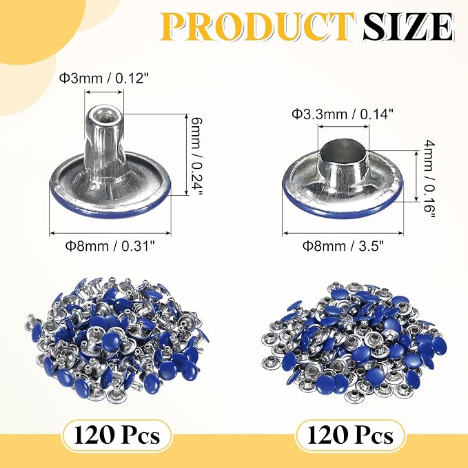 uxcell 120 Sets Leather Rivets, 8mm Double Cap Rivets, 6mm Height Tubular Metal Studs for Leather Craft Repair and Decoration DIY Clothes, Shoes, Bags, Belts, Dark Blue