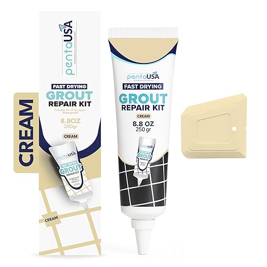 PentaUSA Cream Ivory Tile Grout Repair Kit - Premixed Sanded Grout for Bathroom Shower Kitchen Floor, Beige Collection, Water-Resistant Filler Tube with Applicator, Easy DIY Restore (8.8oz / 250g)