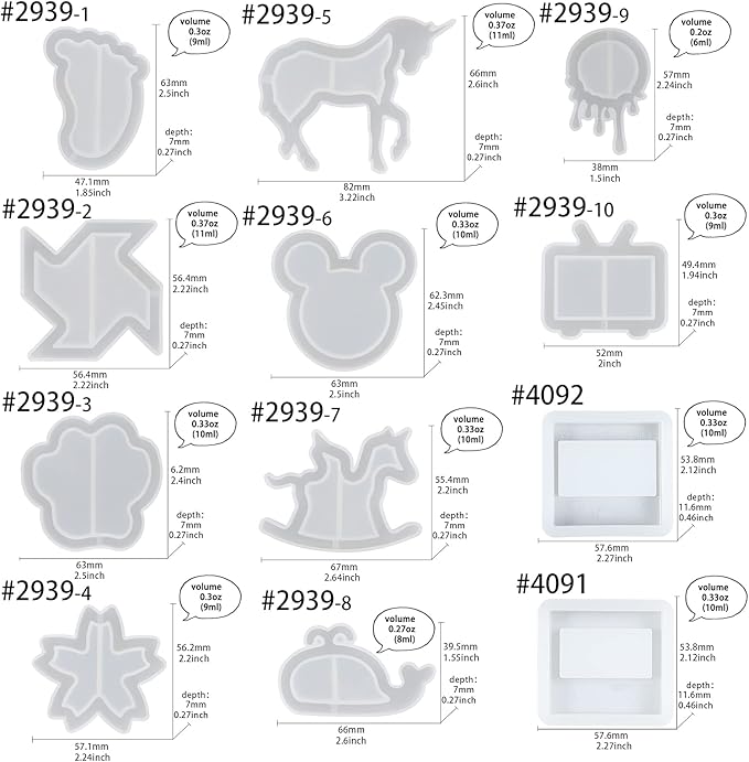 Epoxy Resin Shaker Silicone Molds Set Mouse Head, Flower, Footprint, Dolphin, Windmill, Unicorn, Bear's Paw, TV, Rocking Horse, Drippy Circle, Media Players 12-Count