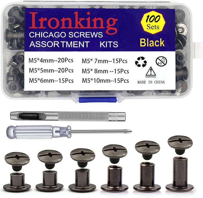 Ironking 100Sets M5 Leather Chicago Screws Assorted Metal Leather Fasteners Buttons Screw Rivets， for Leather Craft Decorate and Repair Belts Bags Shoes Purse (Gunmetal Black, M5*4,5,6,7,8,10)