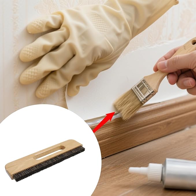 KUMGROT 0.71 Inch Wooden Wall Paper Removal Supplies, Wallpaper Hanging Tool 3-Row Horse Hair Brush with Wood Handle for Tile Grout Cleaning Scrubbing, 1 Pcs Brown Brush (W04)