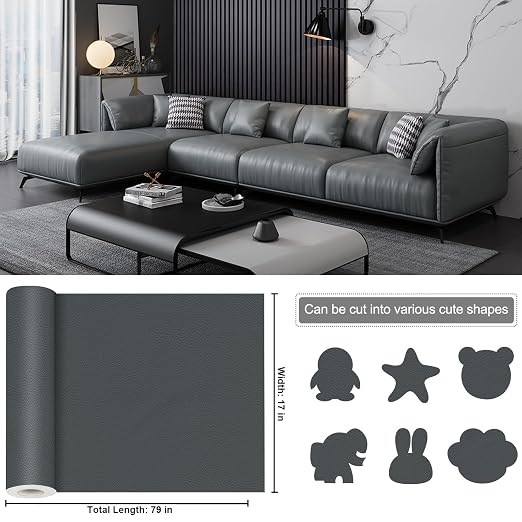 Leather Patches for Furniture,17X79inch Self Adhesive Leather Repair Patch for Couch,Car Seat,Motorcycle seat,Loveseat (Grey-Litchi Grain, 17X79 inch)