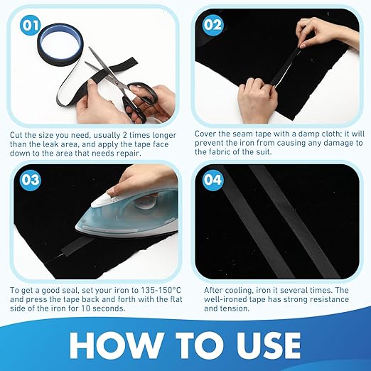 VioraWhite 2 Rolls Wetsuit Repair Iron On Seam Tape 0.8 Inch 16.4 Ft Waterproof Sealing Patch for Neoprene Wetsuit Drysuit Fishing Suits Industrial Standard Carrier Material Black Color