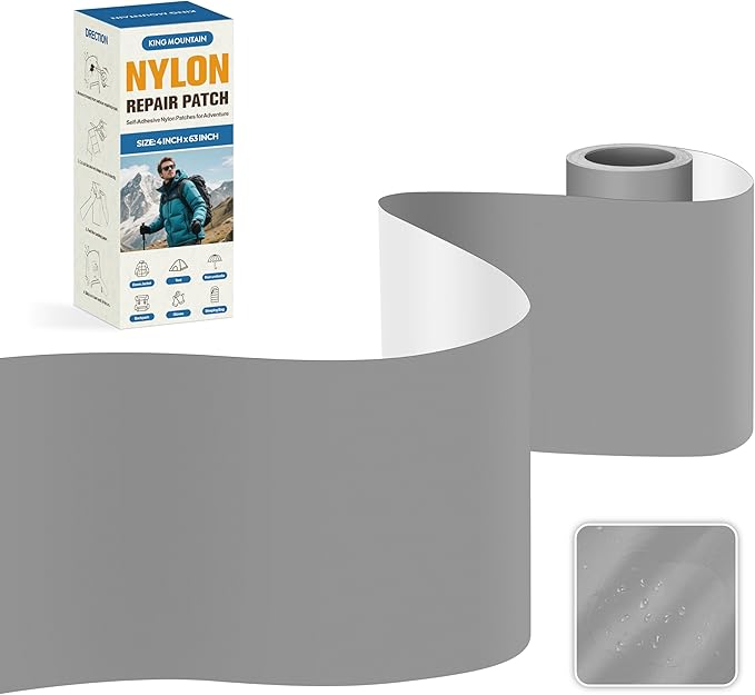 KING MOUNTAIN Self Adhesive Nylon Fabric Repair Tape, 4×63 Inches, Quick Down Jacket Repair Patch, Waterproof Outdoor Gear Patch Kit for Tent,Backpacks,Umbrella, Gloves, Sleeping Bag (Grey)